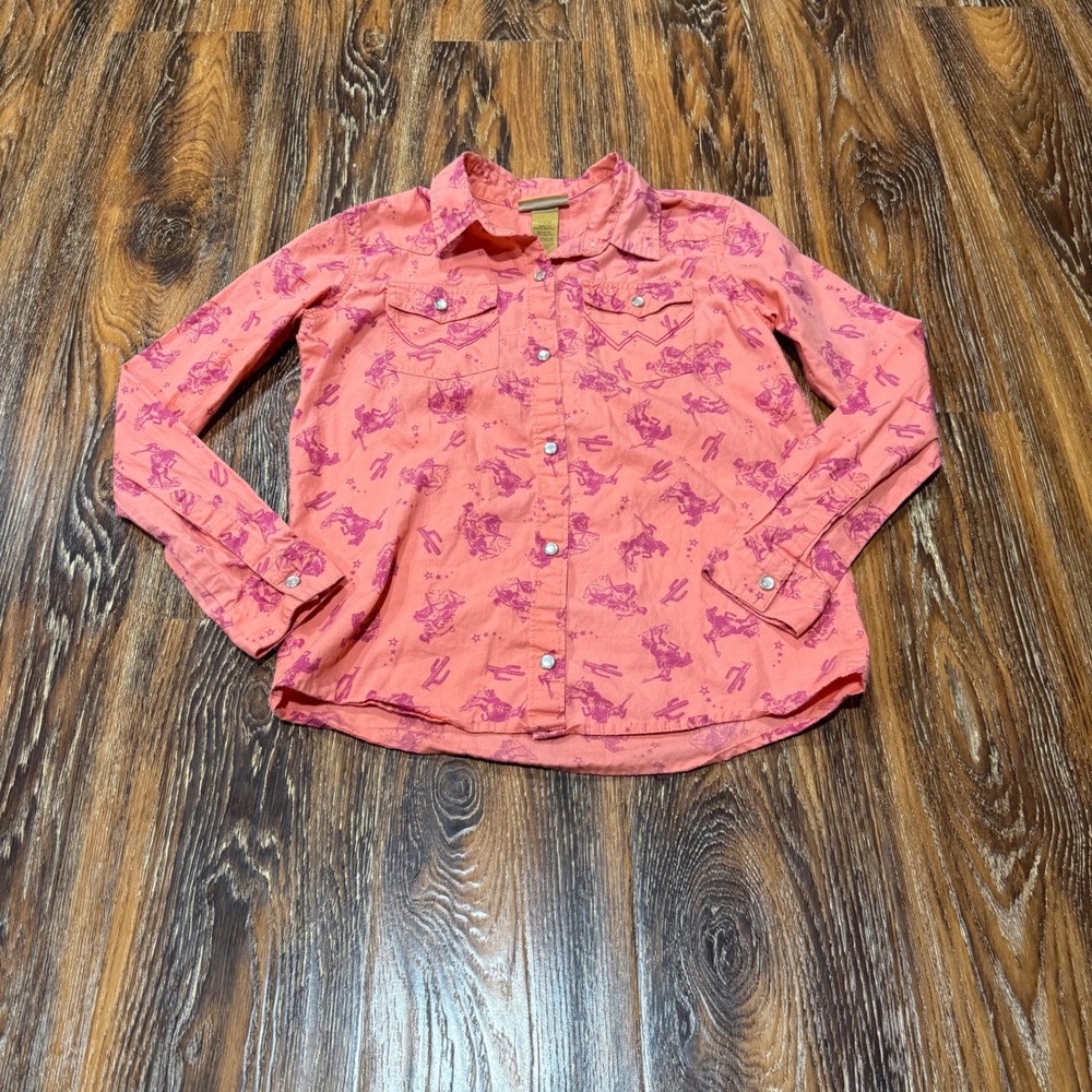 Wrangler Girls L Pearl Snap Shirt Kids Coral Bronco Cactus Western Long Sleeve